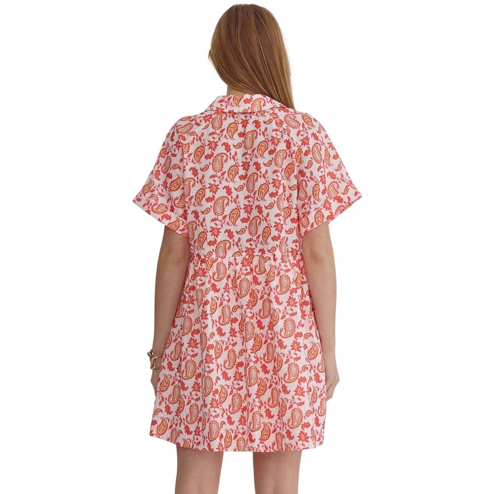 Entro NWT White Orange Paisley Button Front Mini Dress Sz L - Picture 2 of 8
